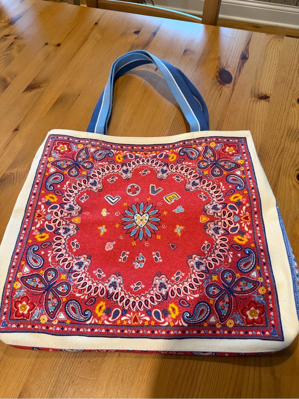 Brighton Red Paisley Canvas Tote Bag with Blue Straps